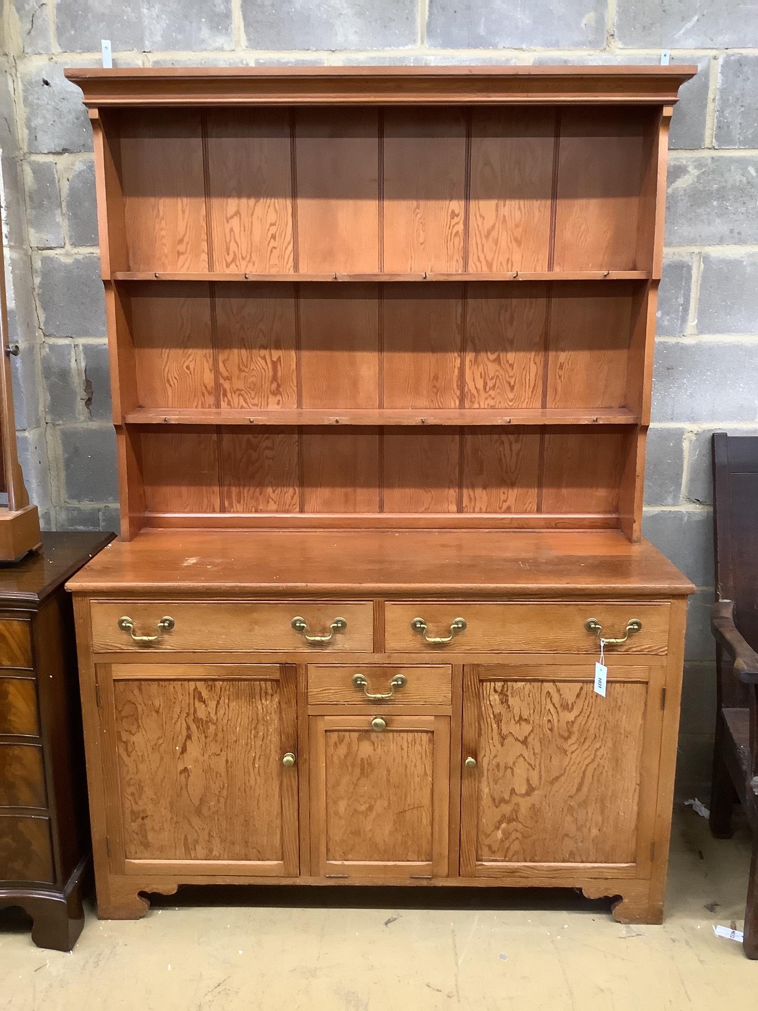 A Victorian style pitch pine dresser, length 139cm, depth 51cm, height 198cm